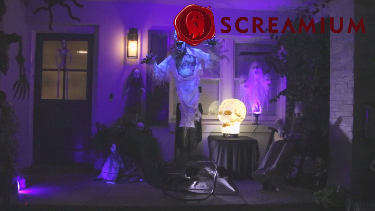 Giant Skull Animatronic Lamp in Scary Halloween Scene